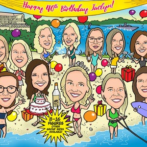 Caricatura de grupo para 8 a 16 pessoas, retrato de foto, desenho animado digital personalizado, ilustração, amigo, família, presente de festa de aniversário