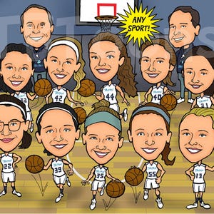 Sports Team Caricature Portrait Drawing From Photo / Custom Digital Personalized Cartoon Illustration Athlete Coach Gift (10-20 People)