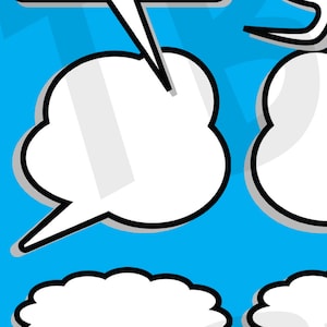 May include: A blue background with four white speech bubbles. The speech bubbles are outlined in black and have a gray shadow.