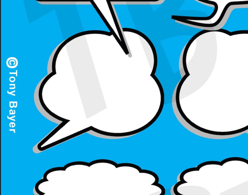 May include: A blue background with four white speech bubbles. The speech bubbles are outlined in black and have a gray shadow.