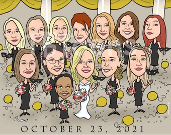 Groomsmen & Bridesmaid Caricature, Wedding Bachelor Party Group Cartoon Portrait (8-16 ppl), Custom Drawing, Personalized Groomsman Artwork