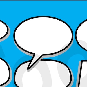 May include: Four white speech bubbles with black outlines on a blue background. The bubbles are arranged in a staggered pattern, with the largest bubble in the center.