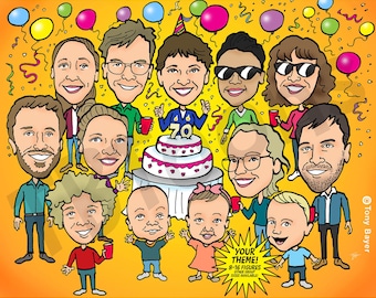 Birthday Caricature Portrait, Custom Group (8-16 People) Digital Cartoon Illustration for Family Friends Coworkers Party, Special Occasion
