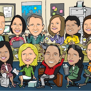 K&ouml;nnte beinhalten: Eine Cartoon-Illustration einer Gruppe von B&uuml;roangestellten in einem Meeting. Die Angestellten sitzen an einem Tisch mit Papieren, einem Computer und einer Kaffeetasse. Die Illustration ist im farbenfrohen Cartoon-Stil gehalten.