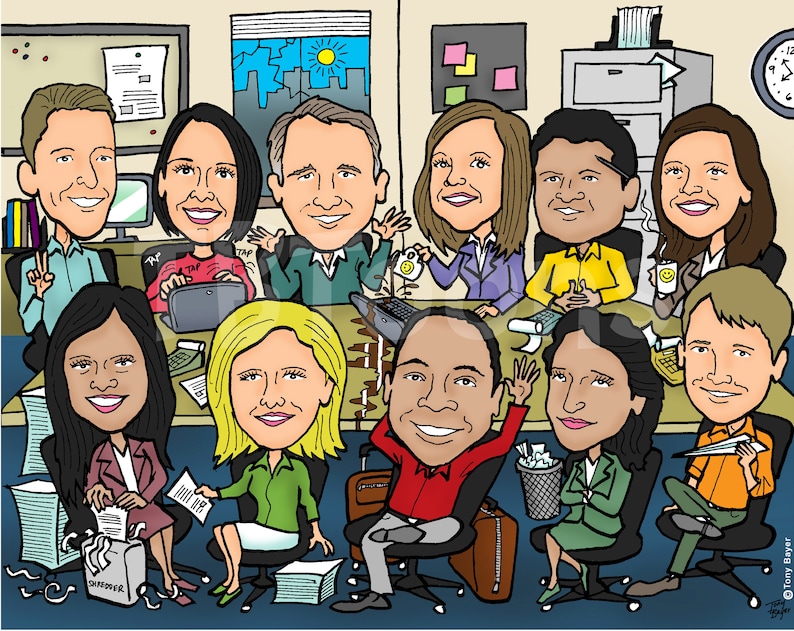 K&ouml;nnte beinhalten: Eine Cartoon-Illustration einer Gruppe von B&uuml;roangestellten in einem Meeting. Die Angestellten sitzen an einem Tisch mit Papieren, einem Computer und einer Kaffeetasse. Die Illustration ist im farbenfrohen Cartoon-Stil gehalten.
