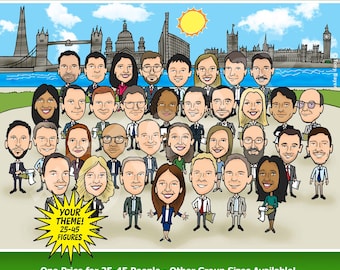 Custom GROUP CARICATURE (25–45 People) Large Cartoon Portrait, Personalized Team, Class, Family or Company Drawing