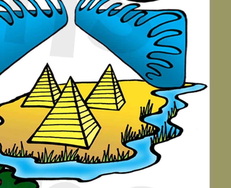 May include: An illustration of three yellow pyramids on a small island surrounded by blue water. The water is flowing into the island from the top of the image. The island is covered in green grass.