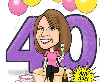 Custom Birthday Caricature, Personalized Milestone Birthday Balloon Cartoon Portrait, Any Age, 18th 21st 30th 40th 50th 60th 70th 80th, Etc.