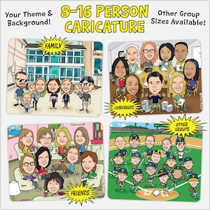 8-16ppl Benutzerdefinierte Karikatur-Porträtzeichnung vom Foto, personalisierte Karikaturillustration für Gruppenbüroangestellt- Ruhestands-Familienfreund Bild 2
