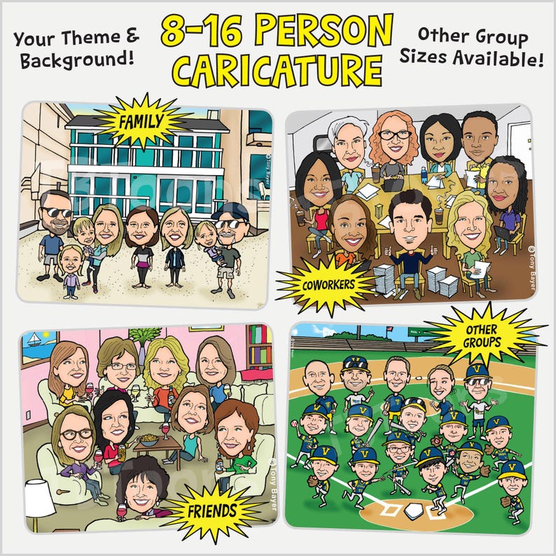 8-16ppl Benutzerdefinierte Karikatur-Porträtzeichnung vom Foto, personalisierte Karikaturillustration für Gruppenbüroangestellt- Ruhestands-Familienfreund Bild 2