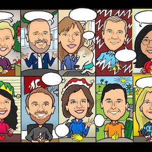 K&ouml;nnte beinhalten: Eine Comic-Illustration von 10 Personen mit Sprechblasen. Die Personen sind im Cartoon-Stil mit &uuml;bertriebenen Merkmalen gezeichnet. Die Illustration spielt vor verschiedenen Hintergr&uuml;nden, darunter eine Weihnachtsszene, ein B&uuml;ro, ein Golfplatz und ein Strand.