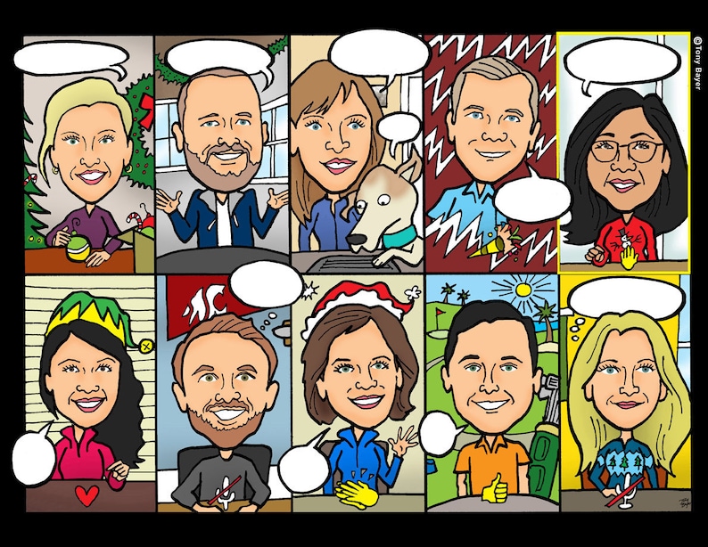 K&ouml;nnte beinhalten: Eine Comic-Illustration von 10 Personen mit Sprechblasen. Die Personen sind im Cartoon-Stil mit &uuml;bertriebenen Merkmalen gezeichnet. Die Illustration spielt vor verschiedenen Hintergr&uuml;nden, darunter eine Weihnachtsszene, ein B&uuml;ro, ein Golfplatz und ein Strand.