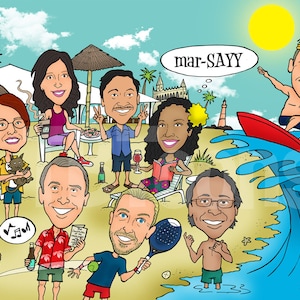 K&ouml;nnte beinhalten: Eine Cartoon-Illustration einer Gruppe von Menschen, die einen Tag am Strand genie&szlig;en. Einige entspannen sich unter Sonnenschirmen, andere spielen Spiele und eine Person surft. Der Text "mar-SAYY" befindet sich in einer Gedankenblase &uuml;ber dem Surfer.