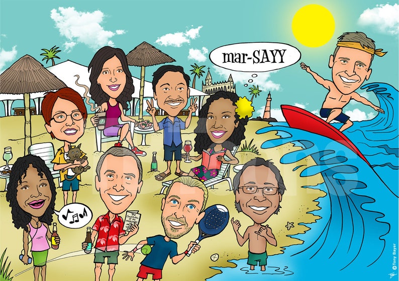 K&ouml;nnte beinhalten: Eine Cartoon-Illustration einer Gruppe von Menschen, die einen Tag am Strand genie&szlig;en. Einige entspannen sich unter Sonnenschirmen, andere spielen Spiele und eine Person surft. Der Text "mar-SAYY" befindet sich in einer Gedankenblase &uuml;ber dem Surfer.