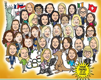Large GROUP CARICATURE (25–45 People) Funny Cartoon Office Leaving or Retirement Drawing, Custom Team, Class or Family Portrait Illustration