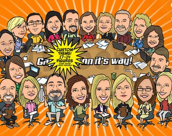 17-24ppl Group Caricature Portrait Drawing / Personalized Digital Cartoon Illustration/ Custom Business Office Friend Family Retirement Gift