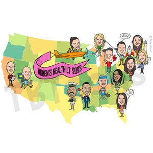 K&ouml;nnte beinhalten: Eine Comic-Illustration einer Karte der Vereinigten Staaten mit einem rosa Banner, auf dem "Women's Health LT 2023" steht. Auf der Karte befinden sich Comicfiguren, einige halten Gegenst&auml;nde wie einen Golfschl&auml;ger, einen Baseballschl&auml;ger und eine Kamera. Die Leute l&auml;cheln alle und scheinen Spa&szlig; zu haben.