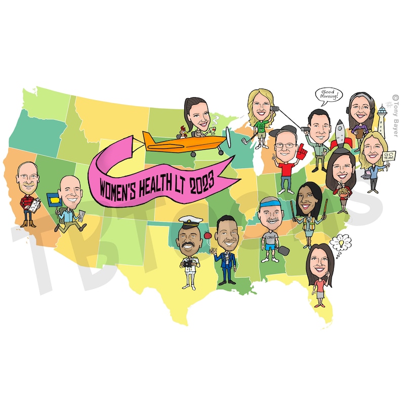 K&ouml;nnte beinhalten: Eine Comic-Illustration einer Karte der Vereinigten Staaten mit einem rosa Banner, auf dem "Women's Health LT 2023" steht. Auf der Karte befinden sich Comicfiguren, einige halten Gegenst&auml;nde wie einen Golfschl&auml;ger, einen Baseballschl&auml;ger und eine Kamera. Die Leute l&auml;cheln alle und scheinen Spa&szlig; zu haben.