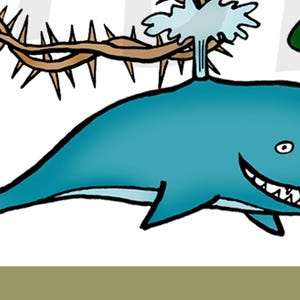 May include: A cartoon illustration of a blue whale with a crown of thorns on its head. The whale is smiling with sharp teeth. A green bush with red berries is on the right side of the image. The text "&copy; Tony Bayer" is in the lower left corner.