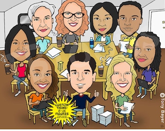Custom Group Caricature Portrait Drawing (8-16 ppl), Personalized Digital Cartoon Illustration, Friend Family Coworker Birthday Retirement