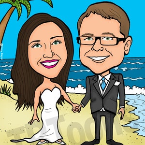 K&ouml;nnte beinhalten: Eine Cartoon-Illustration eines Paares, Megan und Kevin, am Strand mit einer Palme und dem Meer im Hintergrund. Der Text "Save the Date" ist in Gelb geschrieben, darunter das Datum "MAY 19, 2018". Der Text "ST. PETERSBURG, FL" steht unter dem Paar.
