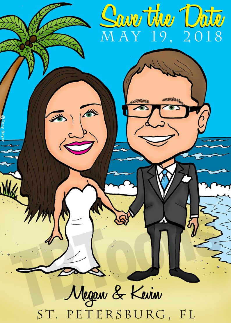 K&ouml;nnte beinhalten: Eine Cartoon-Illustration eines Paares, Megan und Kevin, am Strand mit einer Palme und dem Meer im Hintergrund. Der Text "Save the Date" ist in Gelb geschrieben, darunter das Datum "MAY 19, 2018". Der Text "ST. PETERSBURG, FL" steht unter dem Paar.