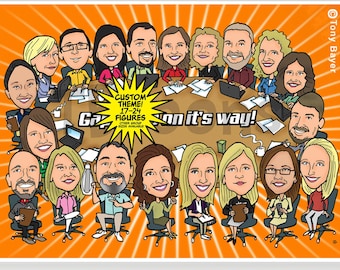 17-24ppl Group Caricature Portrait Drawing, Personalized Digital Cartoon Illustration, Custom Business Office Friend Family Retirement