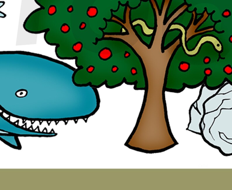 May include: A cartoon illustration of a blue whale with sharp teeth, a green tree with red apples and a yellow snake wrapped around a branch, and a white rock.