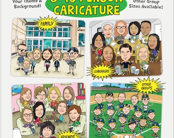Custom Caricature – 8-16 People Group Portrait, Personalized Digital Cartoon Illustration From Photo for Family Friends Office Coworkers
