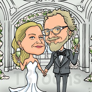 K&ouml;nnte beinhalten: Eine Cartoon-Illustration eines Brautpaares in einer Hochzeitsszene. Die Braut tr&auml;gt ein wei&szlig;es Hochzeitskleid und h&auml;lt ein Glas Champagner. Der Br&auml;utigam tr&auml;gt einen schwarzen Smoking und h&auml;lt ein Glas Champagner. Sie stehen vor einem Blumengang.