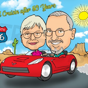 K&ouml;nnte beinhalten: Eine Cartoon-Illustration eines Paares, das einen roten Cabrio-Wagen f&auml;hrt, mit einem Route 66-Schild im Hintergrund. Der Text "Still Cruisin after 50 Years" befindet sich oben im Bild.