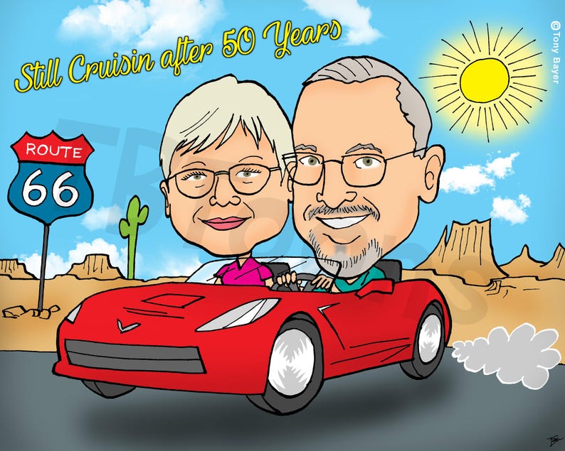K&ouml;nnte beinhalten: Eine Cartoon-Illustration eines Paares, das einen roten Cabrio-Wagen f&auml;hrt, mit einem Route 66-Schild im Hintergrund. Der Text "Still Cruisin after 50 Years" befindet sich oben im Bild.