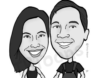 Black & White Caricature Portrait from Photo, Personalized Couple Drawing, Head and Shoulders Cartoon, Funny Custom Anniversary Gift