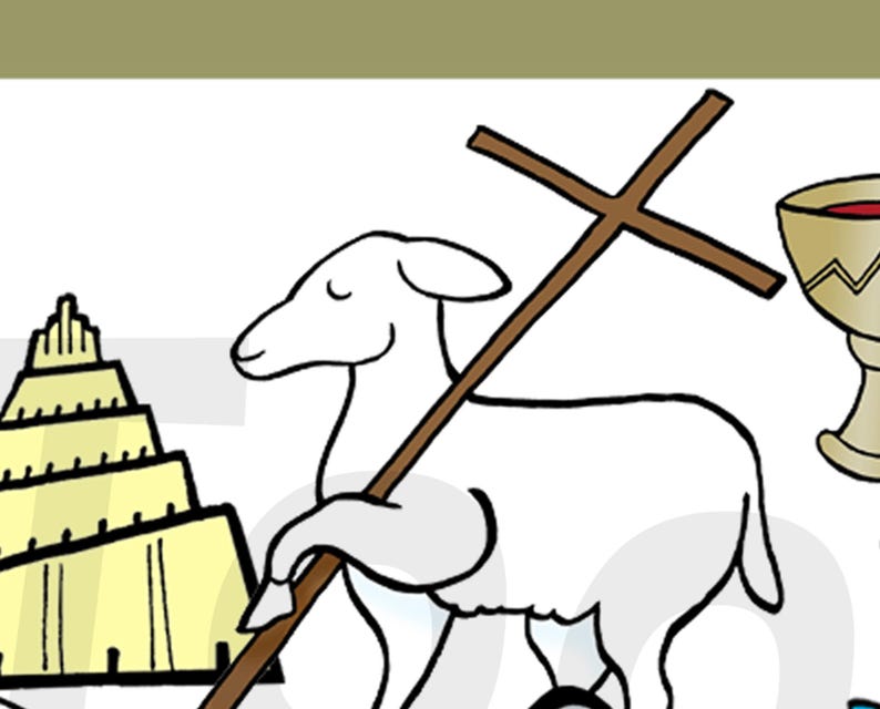 May include: A white lamb carrying a wooden cross, a golden chalice with red liquid, and a yellow tower in the background.