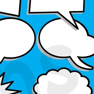 May include: Five white speech bubbles on a blue background. The bubbles are in different shapes and sizes, with some having tails.