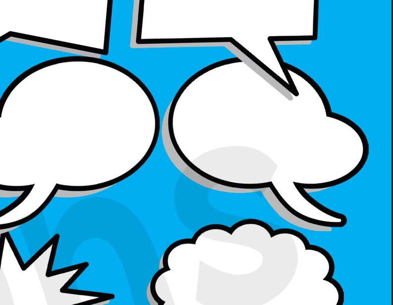 May include: Five white speech bubbles on a blue background. The bubbles are in different shapes and sizes, with some having tails.