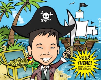 May include: A cartoon illustration of a pirate character wearing a black hat with a skull and crossbones, holding a sword. The scene includes a treasure chest filled with gold, a parrot, a ship, and text reading YOUR THEME! GROUP LISTINGS ALSO AVAILABLE.