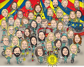 Large GROUP CARICATURE (25–45 People) Funny Cartoon Office Leaving or Retirement Drawing, Custom Team, Class or Family Portrait Illustration