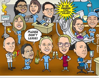 Group Caricature Drawing, Custom Cartoon Portrait Illustration (8-16 ppl)from Photo, Funny Personalized Art for Coworker Leaving Retirement