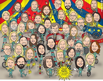 Large Group Caricature (25–45 People) Funny Cartoon Office Leaving or Retirement Drawing, Custom Team, Class or Family Portrait Illustration
