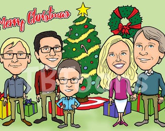 FAMILY CARICATURE Portrait from Photo – Custom Parents Kids & Pets Personalized Cartoon Drawing for Christmas Birthday Etc.