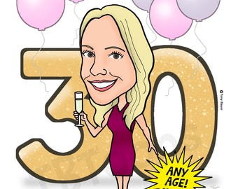 Custom Birthday Caricature, Personalized Milestone Birthday Balloon Cartoon Portrait, Any Age, 18th 21st 30th 40th 50th 60th 70th 80th, Etc.