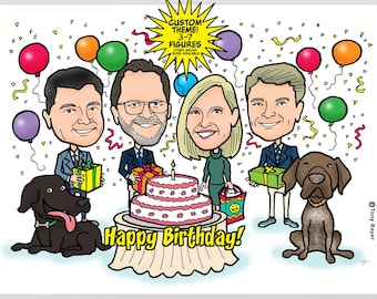 Birthday Caricature Portrait, Custom Group Drawing of 3-7 People, Family Friends Office Coworkers Cartoon Illustration for Party Celebration