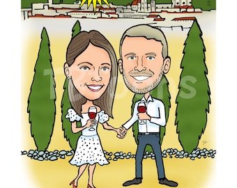 Paar Karikatur Porträt, Benutzerdefinierte Romantische Cartoon Zeichnung, personalisierter Hochzeitstag, Save the Date, Gästebuch Illustration