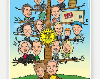 Familienkarikaturporträt (8-16ppl), benutzerdefinierte digitale Karikatur vom Foto, personalisiert für Eltern, Großeltern, Geburtstag oder Weihnachten