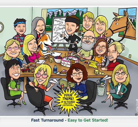 8-16ppl Custom Caricature Portrait Drawing From Photo, Personalized Cartoon Illustration for Group Office Employee Retirement Family Friend