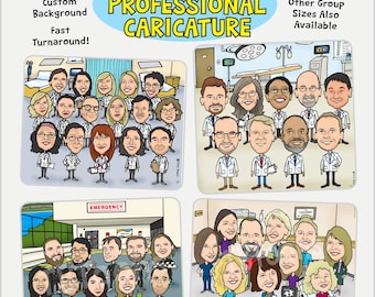 Dokter Verpleegkundige Groepskarikatuurportret tekening van foto (8-16 personen) Aangepaste gepersonaliseerde cartoon Digitale illustratie Collega Pensioen