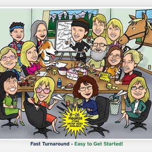 8-16ppl Custom Caricature Portrait Drawing From Photo, Personalized Cartoon Illustration for Group Office Employee Retirement Family Friend