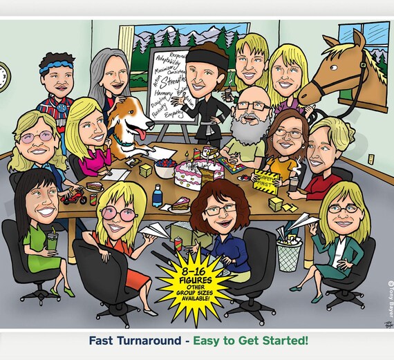 8-16ppl Custom Caricature Portrait Drawing From Photo, Personalized Cartoon Illustration for Group Office Employee Retirement Family Friend