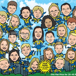 Lehrerklasse Karikatur (25-45 Personen) Superhelden-Klassenzimmerporträt, Geschenk zum Jahresende Lehrer oder Schüler, große Gruppe Cartoon-Illustration